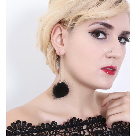 Trendy Rabbit Fur Pom Pom Earrings with Stylish Gold Chain - Statement Jewelry - Picture 2 of 4